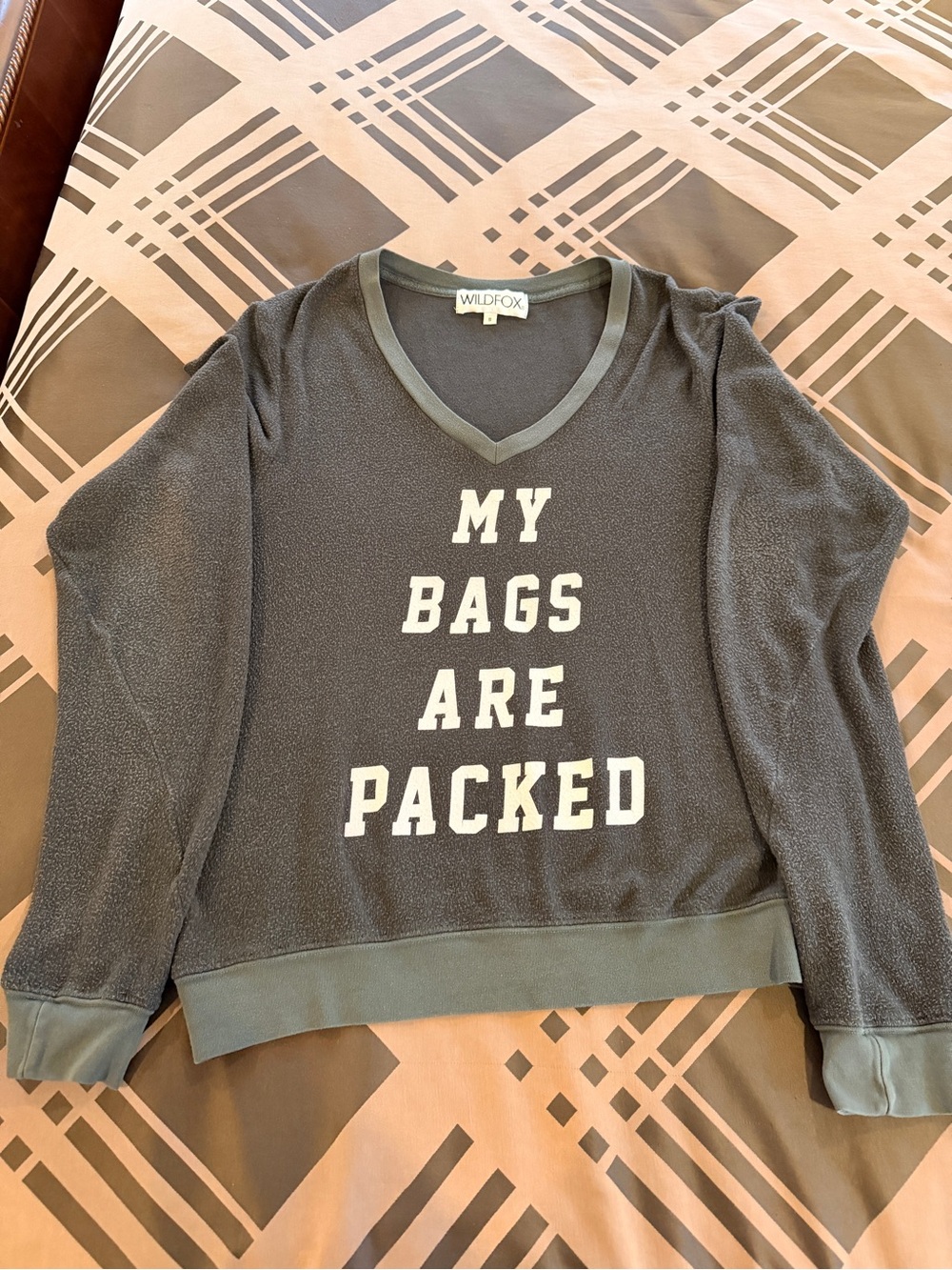 Wildfox Gray V-Neck Sweatshirt with 'My Bags Are Packed' Graphic